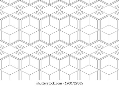 Seamless, abstract background pattern made with lines forming cubes. Modern, simple, 3 dimensional vector art.