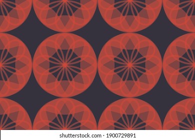Seamless, abstract background pattern made with geometric circle shapes in flower abstraction. Playful, happy, simple vector art in orange and purple colors.