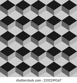 Seamless, abstract background pattern made with rhombus shapes forming cubes. Modern, bold, dynamic and three dimensional vector art.