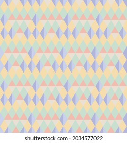 Seamless abstract background pattern. Pastel tones, green, purple, orange, yellow. Geometric, diamond shape, triangle. Texture design for cover, banner, flyer, poster, tile, wall. Vector illustration.