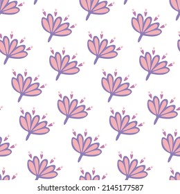 Seamless abstract background pattern with pink flowers on white backdrop. Hand drawn floral print for design of textile products, women's fabric. Five petalled inflorescence, stamens in form of heart.