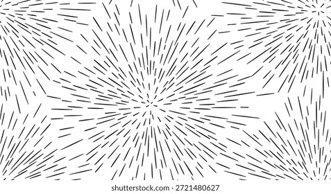 Patrón de fondo abstracto sin fisuras de líneas negras dibujadas a mano que irradian, creando un estallido estelar dinámico o un efecto de fuegos artificiales en blanco.