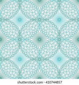 Seamless abstract background pattern with turquoise guilloche ornament on white (transparent) background. Vector illustration eps
