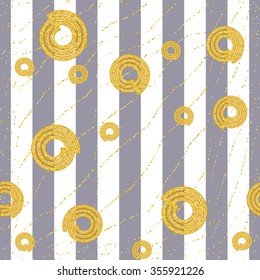 Seamless abstract background. The pattern of the wide gray stripes with golden spirals.  Vector illustration.