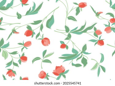 Seamless abstract background of plants with leaves and flowers.