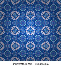 Seamless abstract background. Purple, violet and blue mandalas. Traditional ornate portuguese decorative tiles azulejos. Vector hand drawn art, typical portuguese tiles. Ceramic tiles pattern.