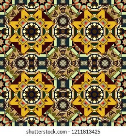 Seamless abstract background. Red, yellow and orange mandalas. Ceramic tiles pattern. Traditional ornate portuguese decorative tiles azulejos. Vector hand drawn art, typical portuguese tiles.
