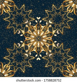 Seamless abstract background with repeating elements. Blue and brown and golden pattern. Elegant vector classic pattern.