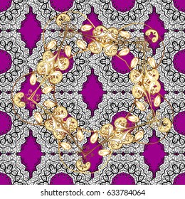 Seamless abstract background with repeating elements. Magenta and golden pattern. Elegant vector classic pattern.