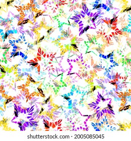 Seamless abstract background with stars of different colors, design flat style vector illustration, isolated on white. Chaotically arranged stars with different elements for advertising banner