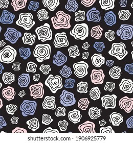 Fondo abstracto sin inconvenientes con rosas de estilización. Flores grises, rosas, blancas sobre fondo negro.