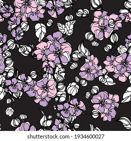 Seamless abstract background with stylized roses. Blooming flower bouquets, branches. Gray, pink, purple, white flowers on a black background. Stock vector illustration