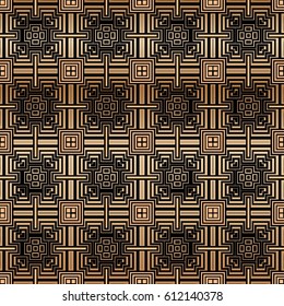 Seamless Abstract background texture symmetrical pattern of elements of geometric shapes, lines that form a square shape in brown tone