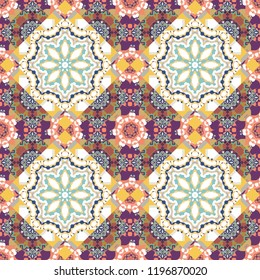 Seamless abstract background. Traditional ornate portuguese decorative tiles azulejos. Gray, white and beige mandalas. Ceramic tiles pattern. Vector hand drawn art, typical portuguese tiles.