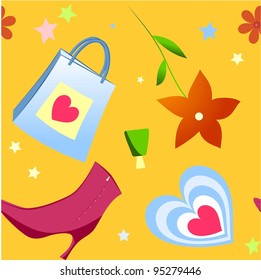 seamless abstract background. vector bag. shoes. heart. flower. perfume. stars