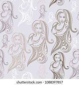 Seamless abstract background vector with girl (woman, female) taking selfie photo with mobile phone (smartphone). Texture (pattern) for textile, wallpapers, print, wrapping, scrapbooking, book cover. 