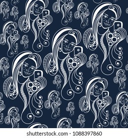 Seamless abstract background vector with girl (woman, female) taking selfie photo with mobile phone (smartphone). Texture (pattern) for textile, wallpapers, print, wrapping, scrapbooking, book cover. 