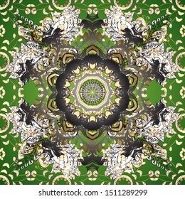 Seamless abstract background. Vector illustration. Oriental vector classic gray and green and golden pattern.