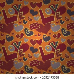 Seamless abstract background. Vector love lettering seamless pattern, hand drawn calligraphy wallpaper in orange, red and yellow colors.