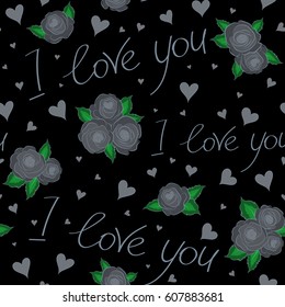 Seamless abstract background. Vector love lettering seamless pattern, hand drawn calligraphy wallpaper in gray and neutral colors on a black backdrop.