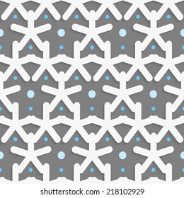 Seamless abstract background of white 3d shapes with realistic shadow and cut out of paper effect. White shapes with blue dots on dark gray pattern.