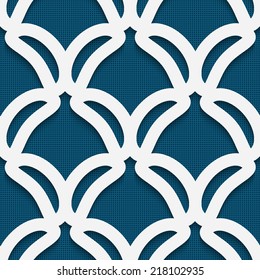 Seamless abstract background of white 3d shapes with realistic shadow and cut out of paper effect. White shape on textured blue background. 