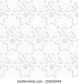 Seamless abstract background of white 3d shapes with realistic shadow and cut out of paper effect. Blue 3d shapes on textured gray big and small dot pattern. 