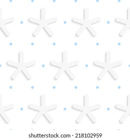 Seamless abstract background of white 3d shapes with realistic shadow and cut out of paper effect. White snowflake shapes with blue dots on white pattern. 