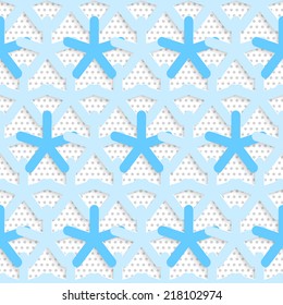 Seamless abstract background of white 3d shapes with realistic shadow and cut out of paper effect. Blue 3d net on textured white and gray pattern. 