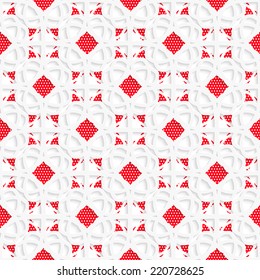 Seamless abstract background of white 3d shapes with realistic shadow and cut out of paper effect. White geometrical ornament with red textured details. 