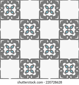 Seamless abstract background of white 3d shapes with realistic shadow and cut out of paper effect. Geometrical Arabian ornament with white and blue. 