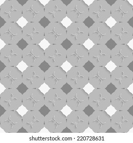 Seamless abstract background of white 3d shapes with realistic shadow and cut out of paper effect. Geometrical ornament with gray and white squares on gray. 