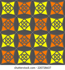 Seamless abstract background of white 3d shapes with realistic shadow and cut out of paper effect. Geometrical Arabian ornament with slim wire yellow and orange. 