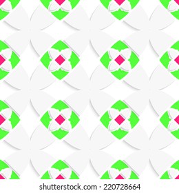 Seamless abstract background of white 3d shapes with realistic shadow and cut out of paper effect. White geometrical ornament with green and pink. 