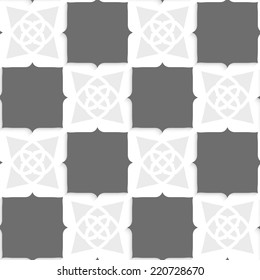 Seamless abstract background of white 3d shapes with realistic shadow and cut out of paper effect. Geometrical Arabian ornament with shades of gray. 