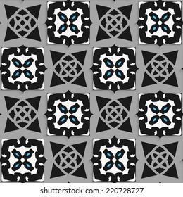Seamless abstract background of white 3d shapes with realistic shadow and cut out of paper effect. Geometrical Arabian ornament black and white with blue. 