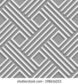 Seamless abstract background. White crossed lines with laser cut paper effect and realistic shadow on gray. Simple 3D geometric seamless pattern.