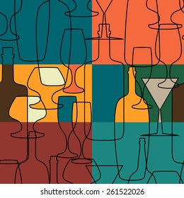 seamless abstract background with wine bottles and glasses