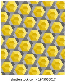 Seamless abstract background, yellow hexagon pattern, gray hexagram star. Color trend of 2021. Textured design for fabric, tile, cover, poster, textile, flyer, packaging, wall. Vector illustration.