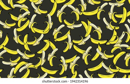 Seamless abstract banana pattern on dark gray background, vector illustration.