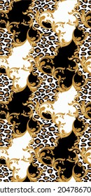 Seamless abstract baroque with leopard skin pattern. Vector Illustration.