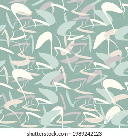 Seamless abstract beige elements on a light green background. Abstract painting grass in the lake. For textile, fabric, wallpaper and background.