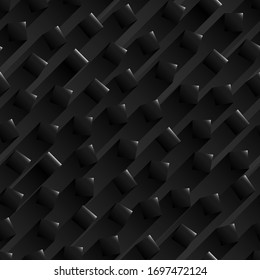 Nahtloser abstrakter schwarzer Hintergrund mit schwarz glänzenden quadratischen Formen und einem Streifen Schatten dahinter.