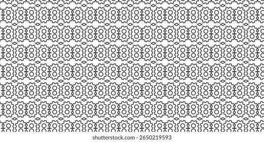 Seamless abstract black gear and circle line pattern on white background. Ideal for industrial design, wallpaper, and modern decor. 