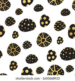 Seamless abstract black and gold foil dot shapes with doodle texture on white background. Repeating vector background. Modern hand drawn backdrop for textile, home decor, packaging, wallpaper