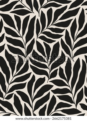 Seamless abstract black and grey foliage poster vector. Leaves, organic shapes, earth tone colors, leaf branch. Illustration design for Eco packaging, interior, cover,  wallpaper, market. Monochrome