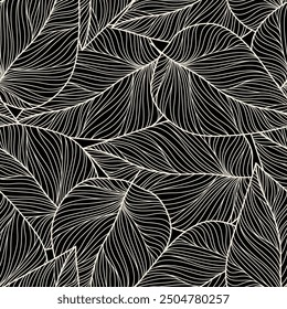 seamless abstract black and grey pattern with leaves.Hand made vector floral background