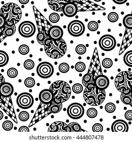 Seamless with abstract black line ice cream and circle. Cold dessert illustration. Black and white drawing by hand. Line art. 