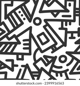 Nahtlose abstrakte schwarze Muster auf weißem Hintergrund. Vektordoodle-Bild. Grafische lineare Ornamente.