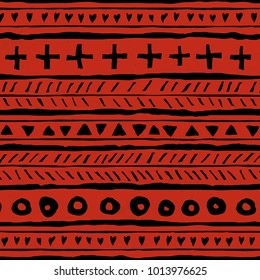 Seamless Abstract Black Symbols Ethno Red Structure Pattern